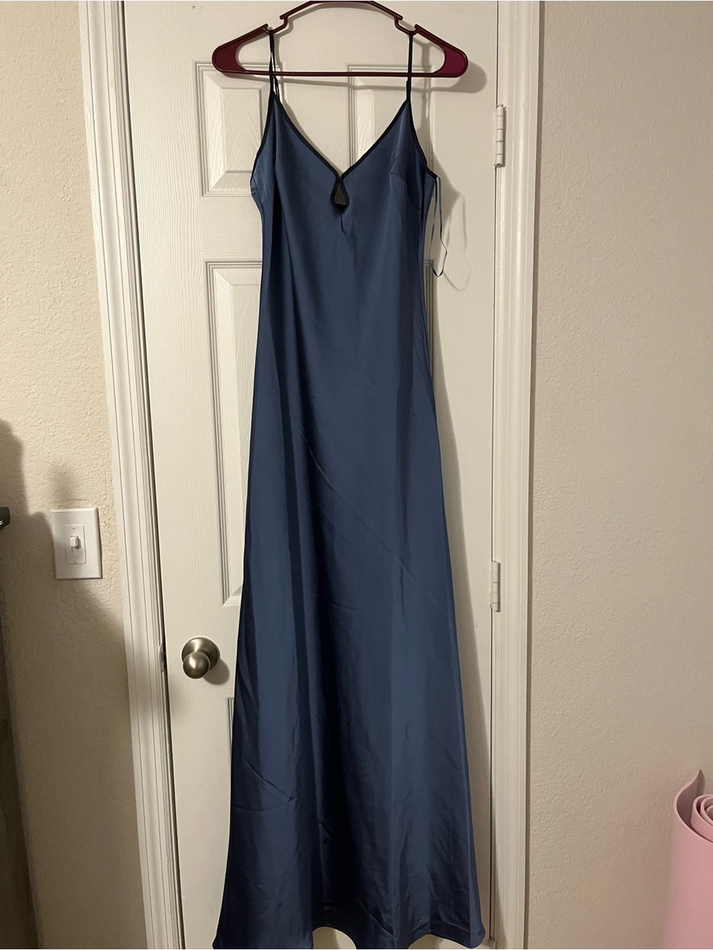 Satin Slip Maxi Dress in Slate Blue - Elegant V-Neck Spaghetti Strap